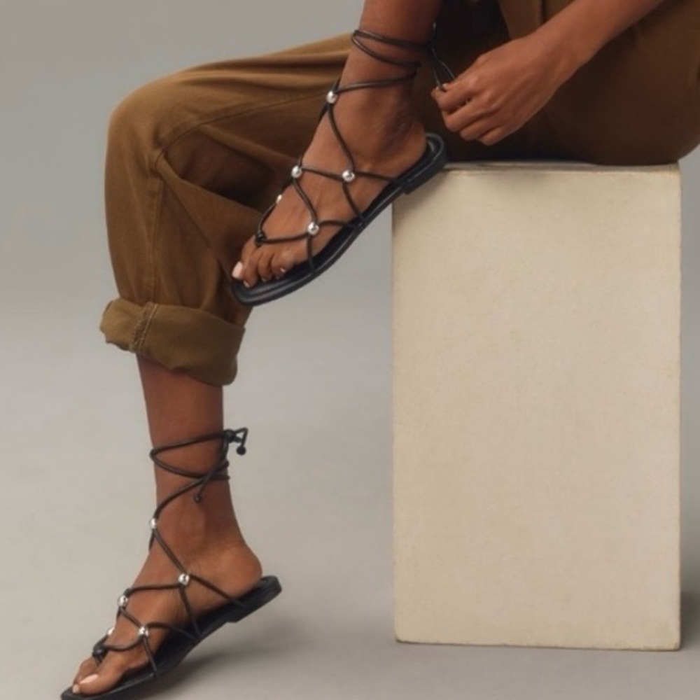 🟠NWT ANTHROPOLOGIE Leather Embellished Tie-Up Sandals in Black